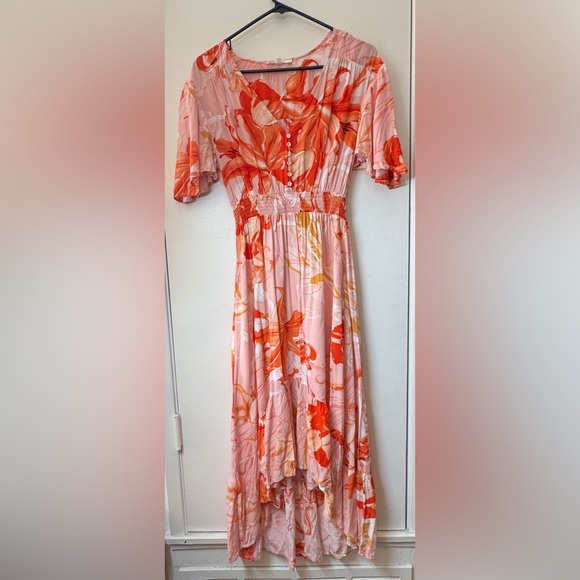 Abel the Label Flower Bomb Pink Orange Tropical Floral High Lo Maxi Dress M - Picture 1 of 14